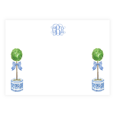 Stripe Bow Chinoiserie Topiaries + Stripes Monogrammed Large Flat Note Cards