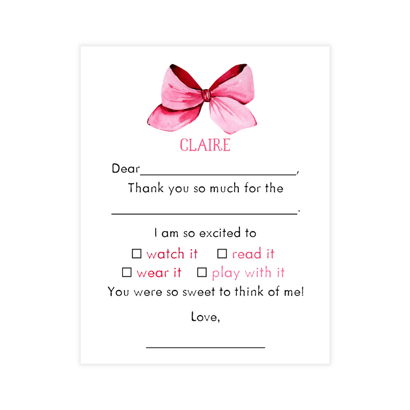 Pink Bow Fill-in Thank You Notes