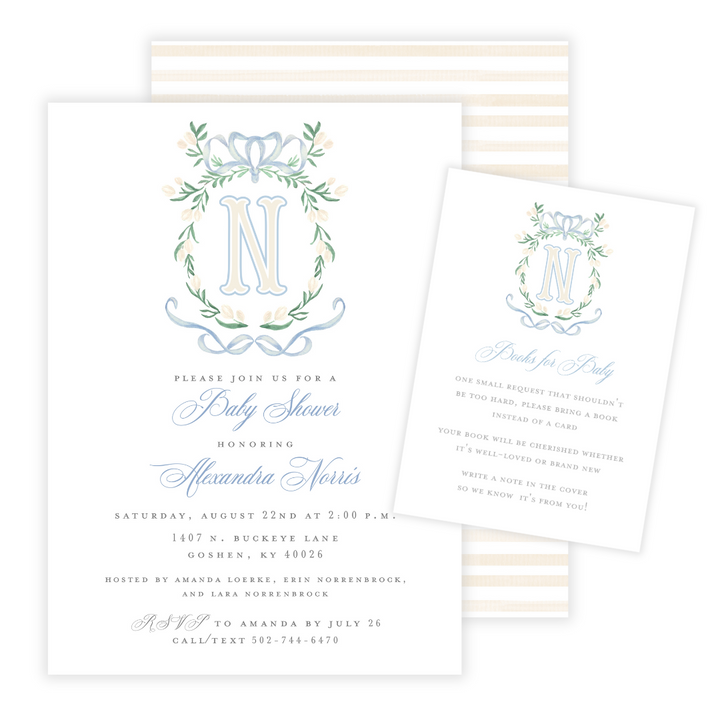Light Blue Monogram Crest Grandmillennial Baby Shower Invitations