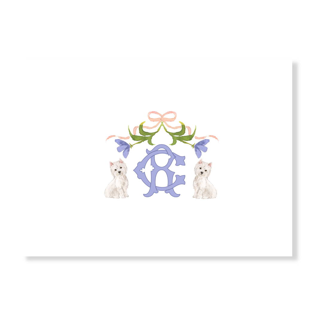 Westies + Floral Swag + Two-Initial Monogram Personalized Note Cards