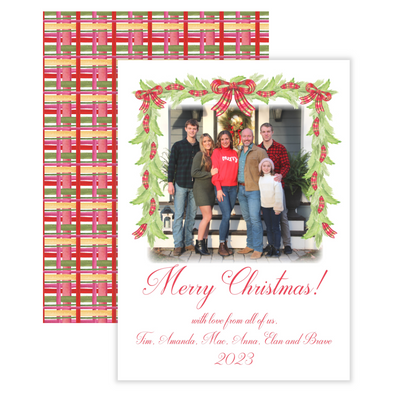 Red + Pink Plaid + Garland Holiday Photo Card