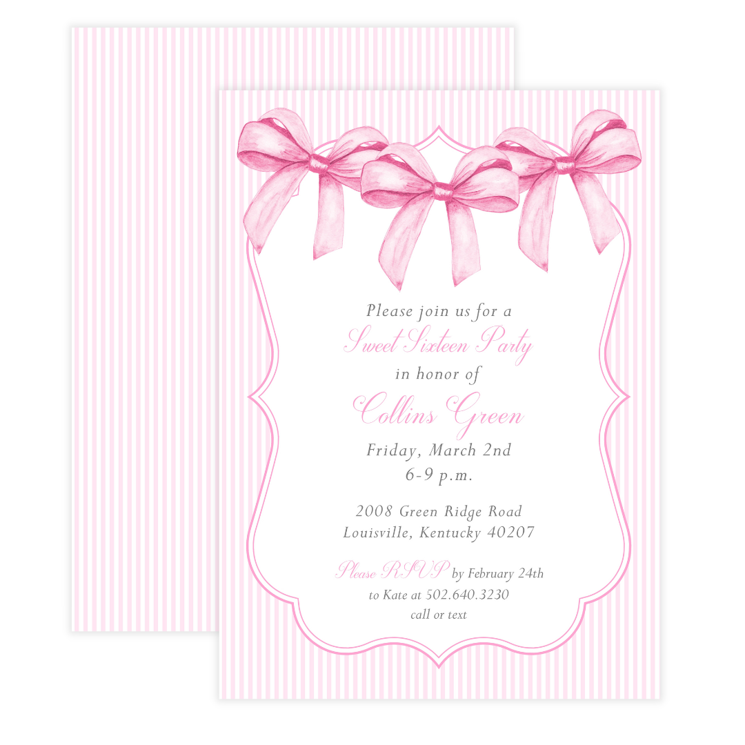 Sweet 16 Pink Bows + Stripes Party Invitation – Lulu Papers, image size:1080x1080