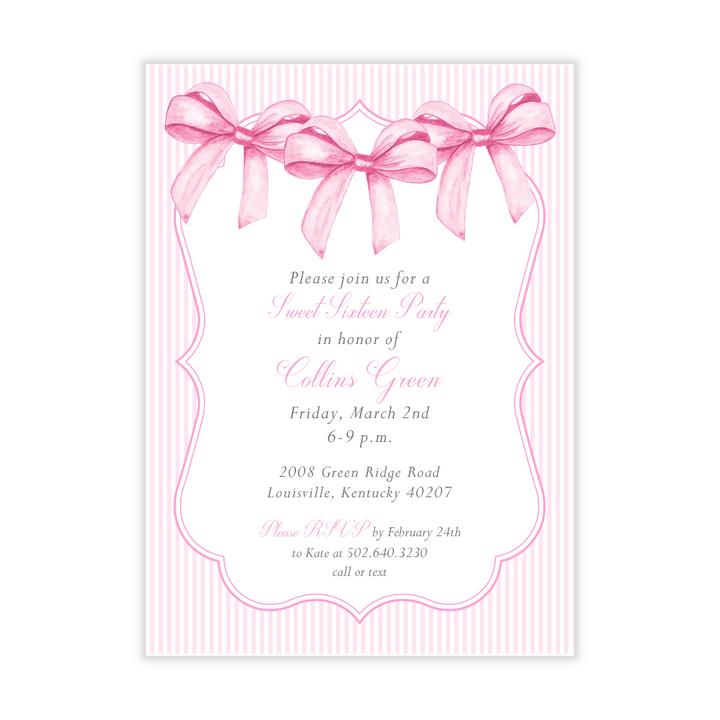 Sweet 16 Pink Bows + Stripes Party Invitation