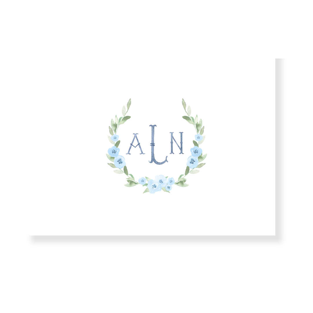 Watercolor Blue Floral Wreath + Monogram Folded Note Cards