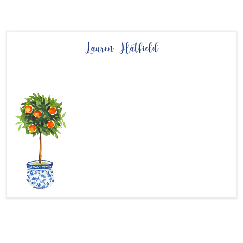 Citrus Topiary + Chinoiserie Pot Personalized Flat Note Cards