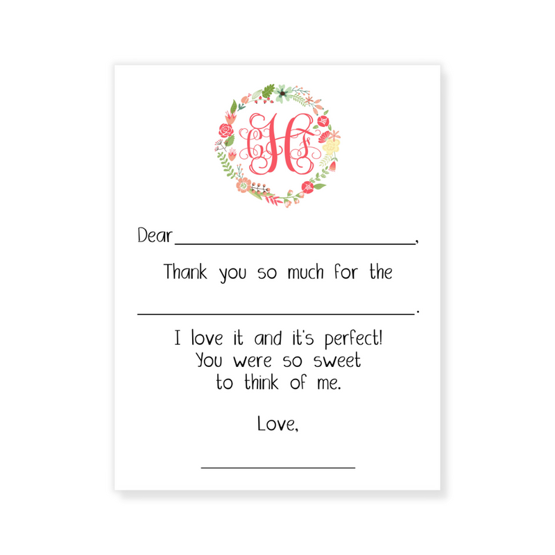 Pink Wreath + Monogram Fill-in Thank You Flat Note Cards