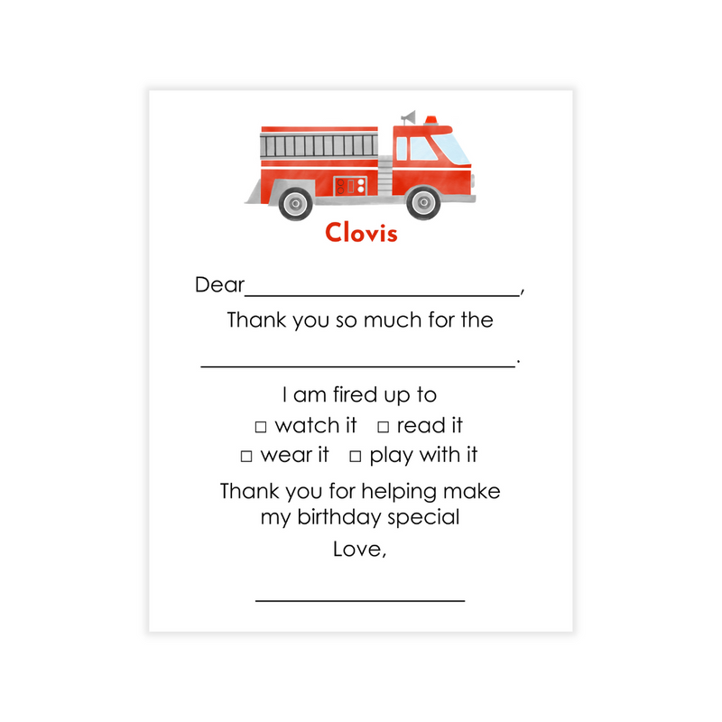 Firetruck Fill-In Thank You Note Cards