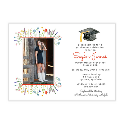 Wildflower Photo Frame + Graduation Cap Party Invitation