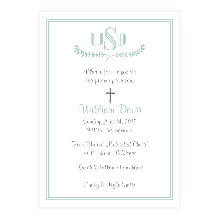 Blue Monogram + Laurel Border Invitation
