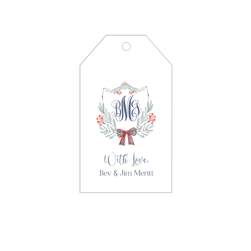 Holiday Crest + Plaid Bow Monogrammed Gift Tags