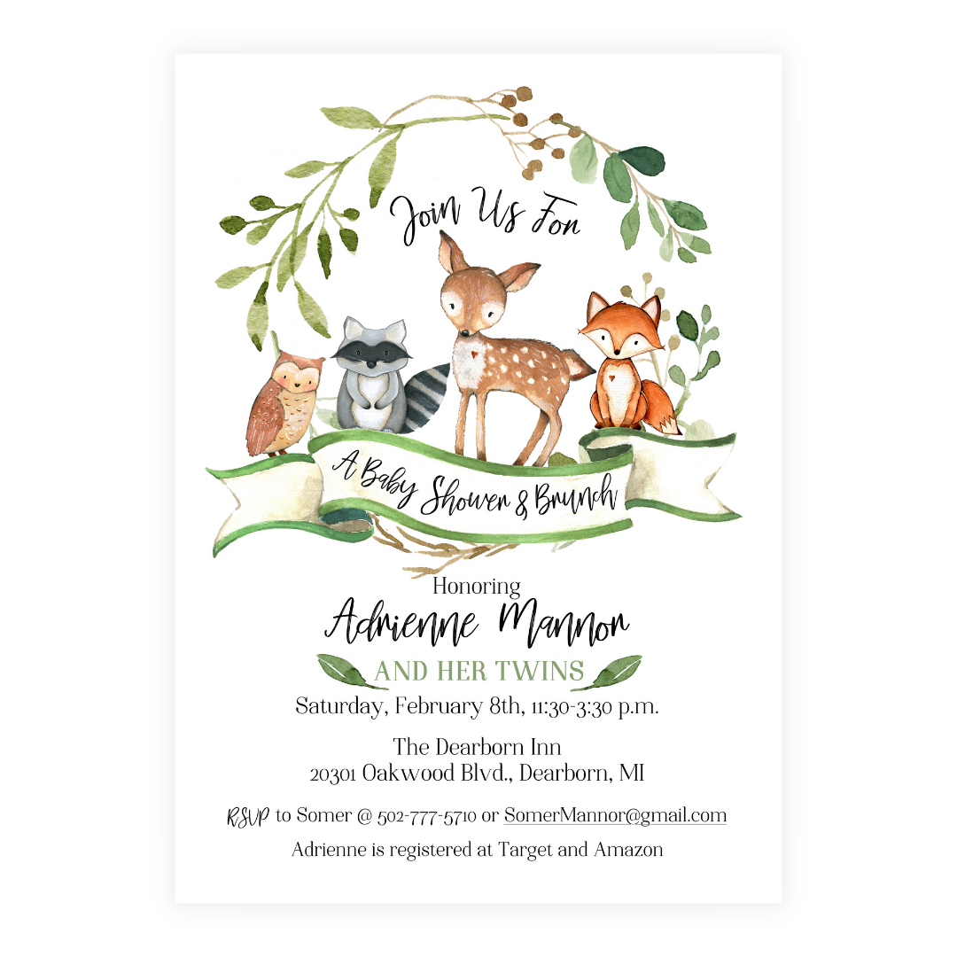 Woodland Animals Baby Shower Invitation White Printed with envelopes