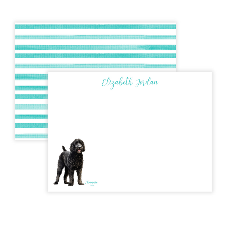 Black Goldendoodle + Stripes Personalized Large Flat Note Cards