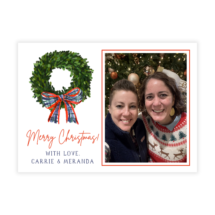 Boxwood Wreath + Plaid Bow Holiday Photo Card