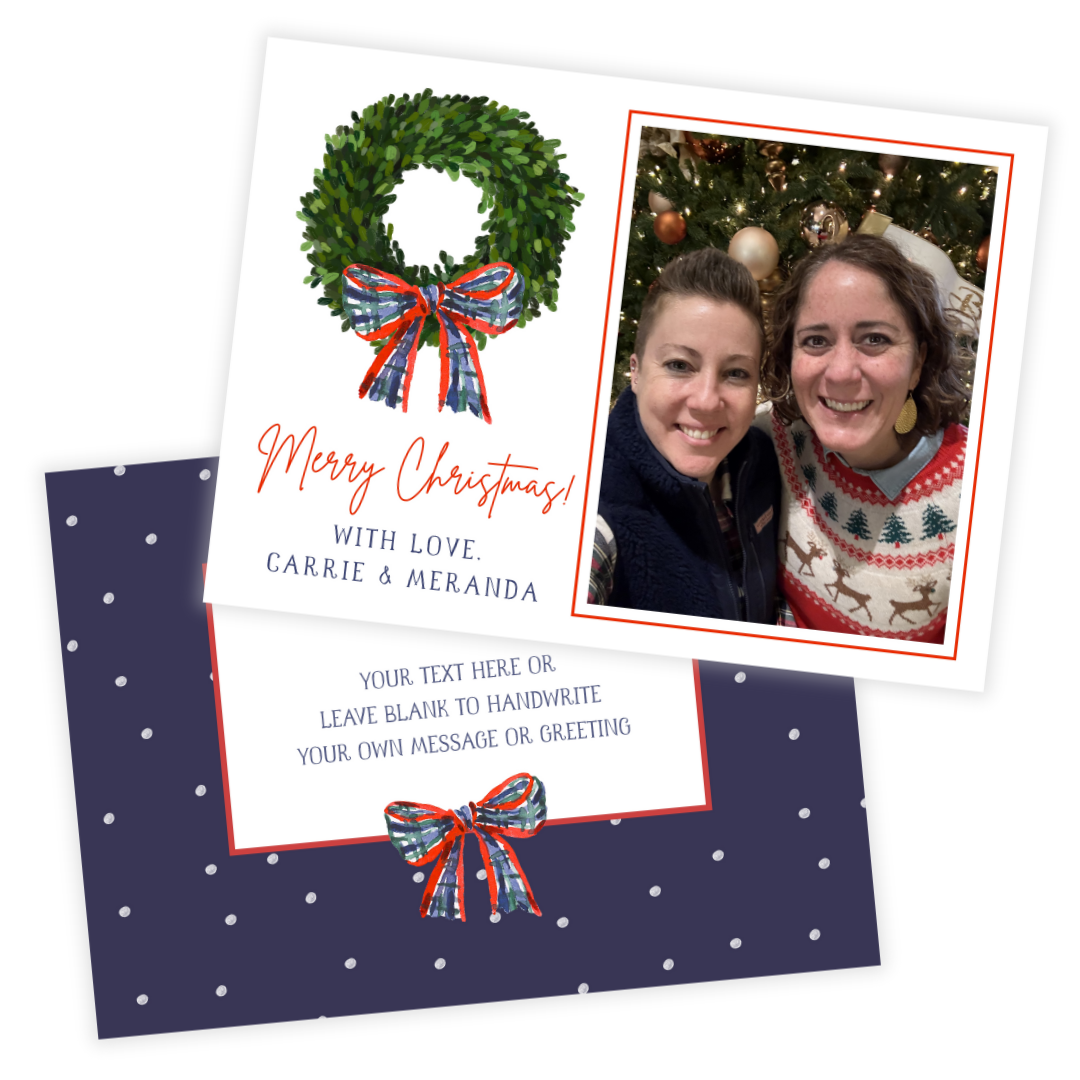 Boxwood Wreath + Plaid Bow Holiday Photo Card