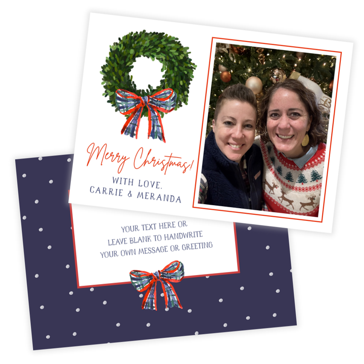Boxwood Wreath + Plaid Bow Holiday Photo Card