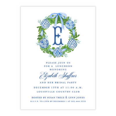 Chinoiserie Ornament Wreath + Monogram Party Invitation