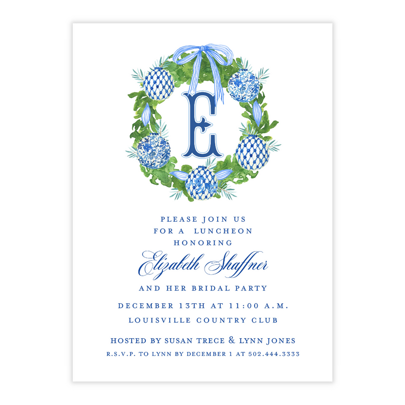 Chinoiserie Ornament Wreath + Monogram Party Invitation