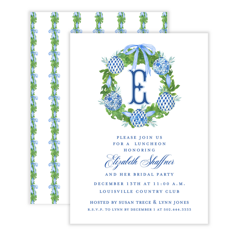 Chinoiserie Ornament Wreath + Monogram Party Invitation