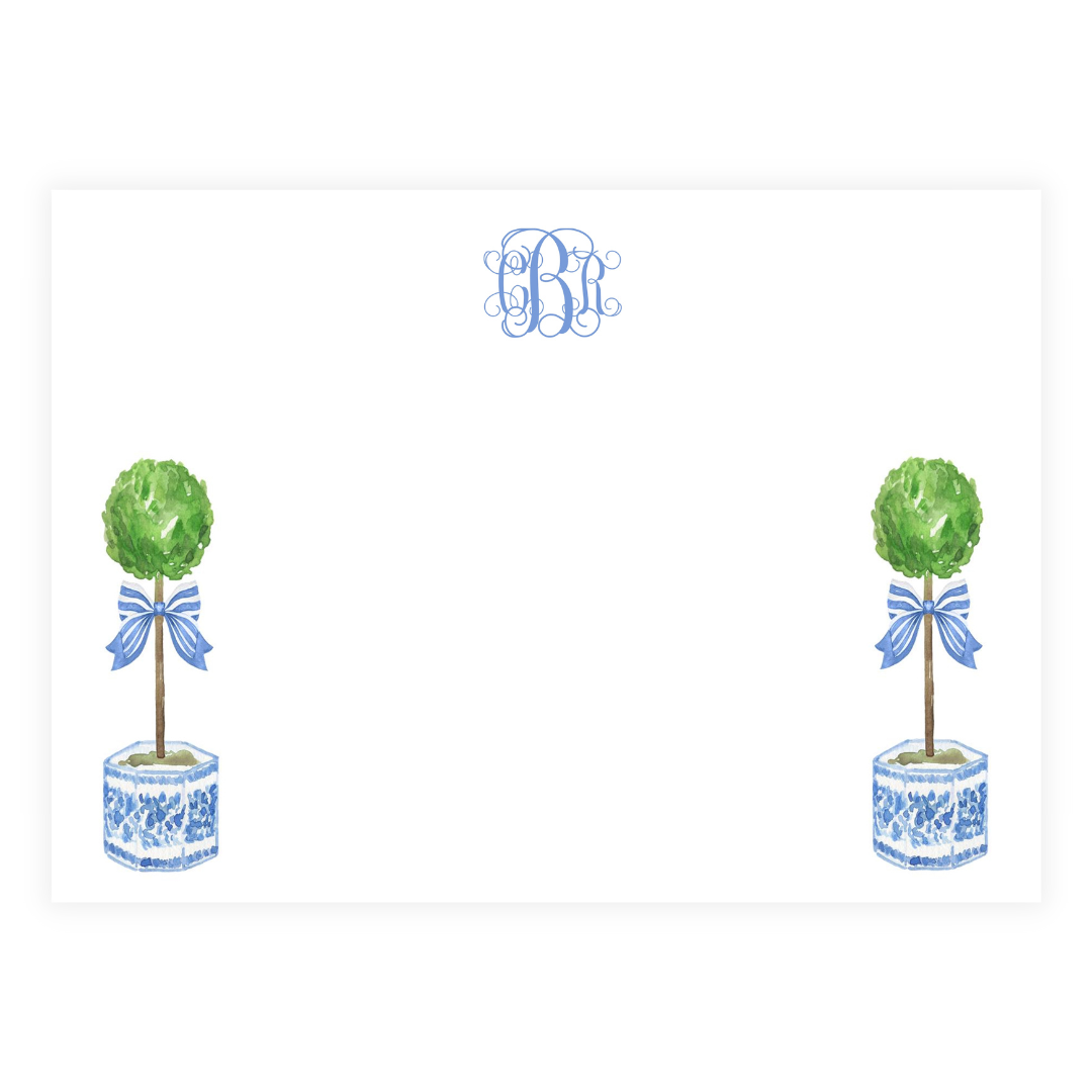 Stripe Bow Chinoiserie Topiaries + Monogram Large Flat Note Cards