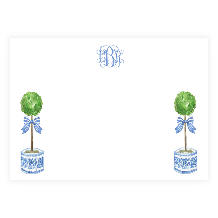 Stripe Bow Chinoiserie Topiaries + Monogram Large Flat Note Cards