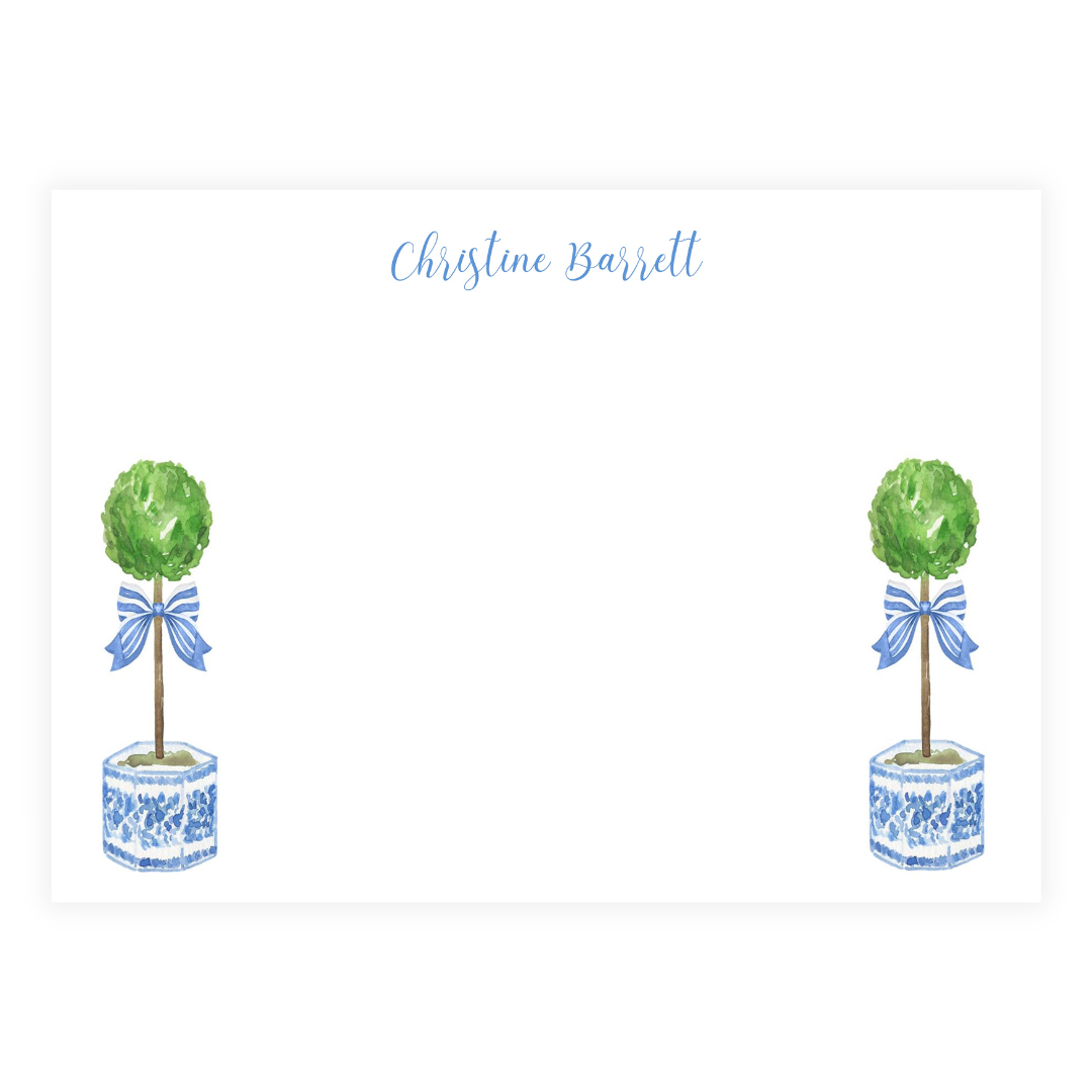 Stripe Bow Chinoiserie Topiaries + Personalized Large Flat Note Cards