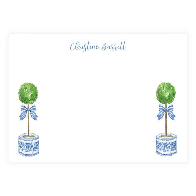 Stripe Bow Chinoiserie Topiaries + Stripes Personalized Large Flat Note Cards