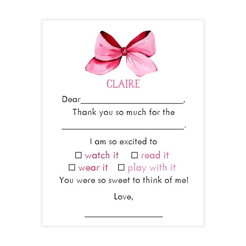 Pink Bow Fill-in Thank You Notes