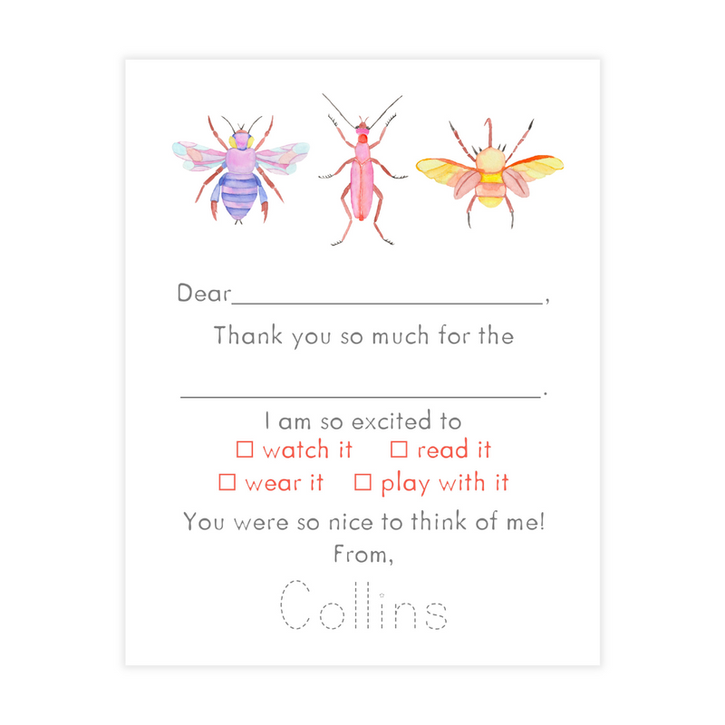 Pink Retro Bugs Fill-in Thank You Notes for Kids