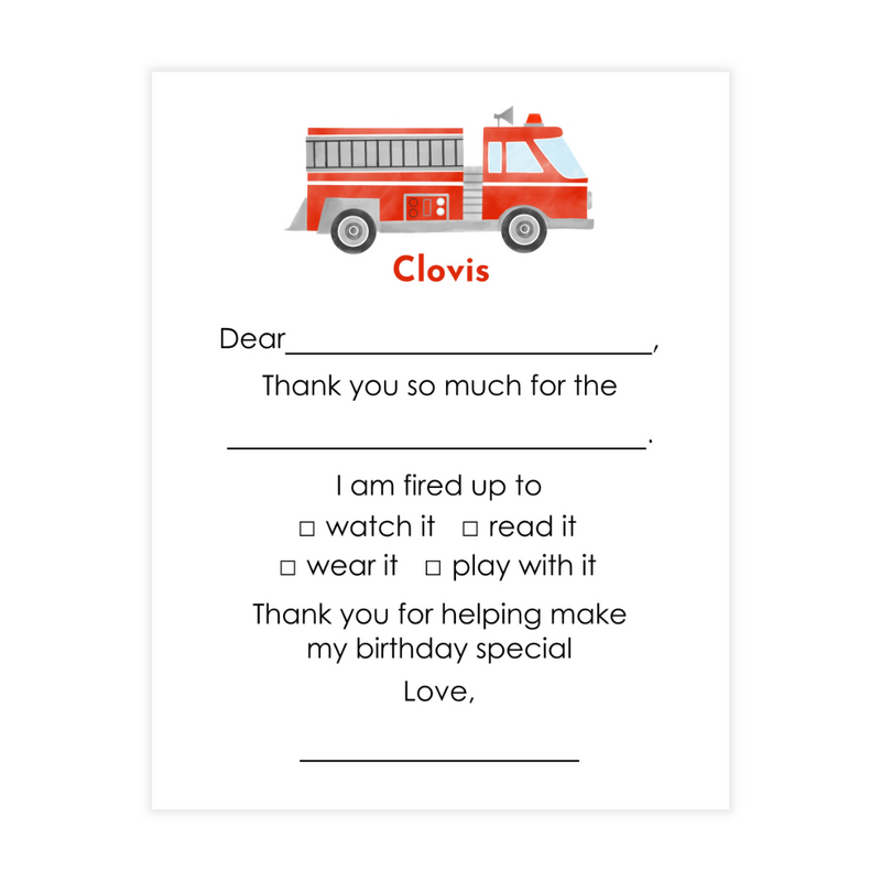 Firetruck Fill-In Thank You Note Cards