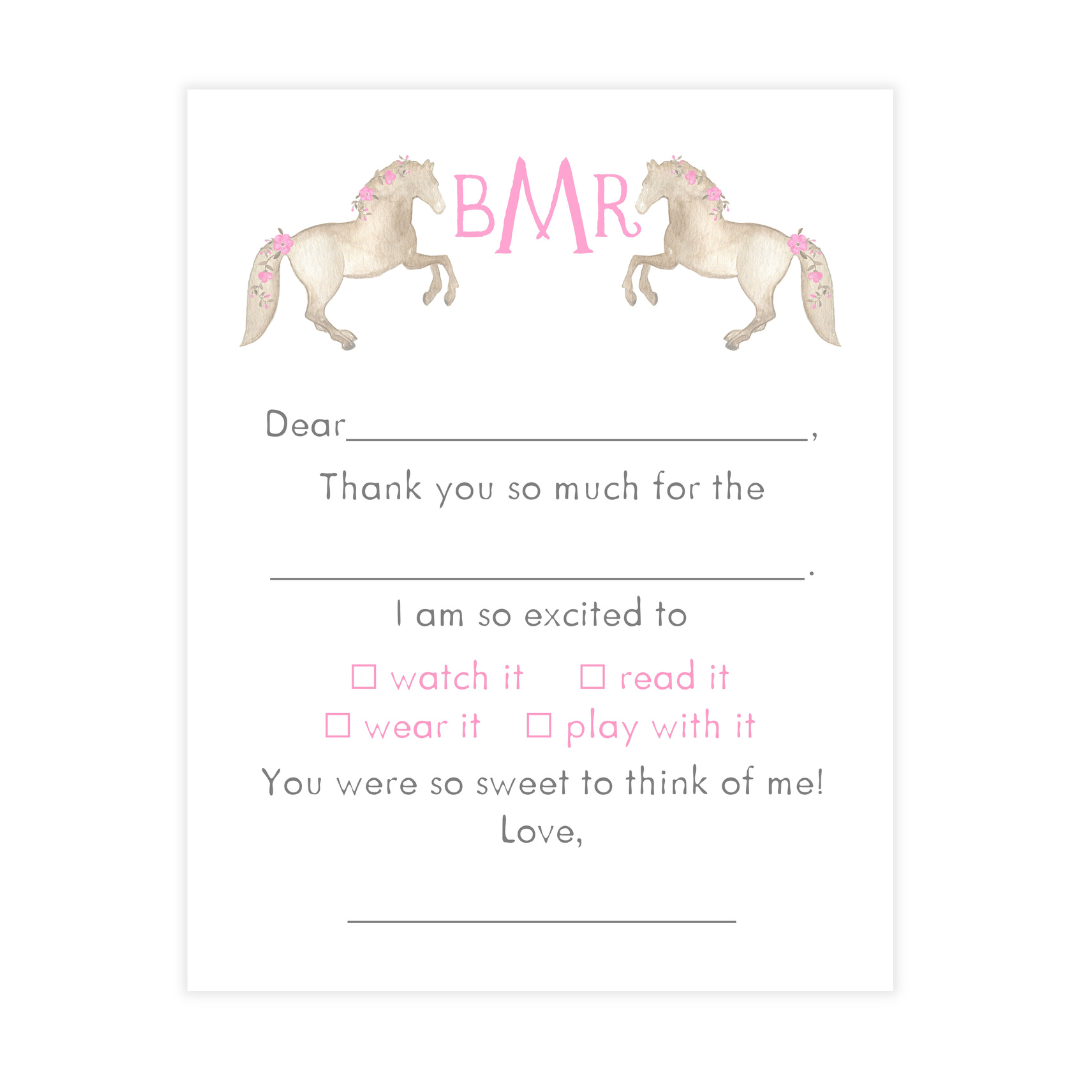 Horses + Monogram Fill-in Thank You Flat Note Cards