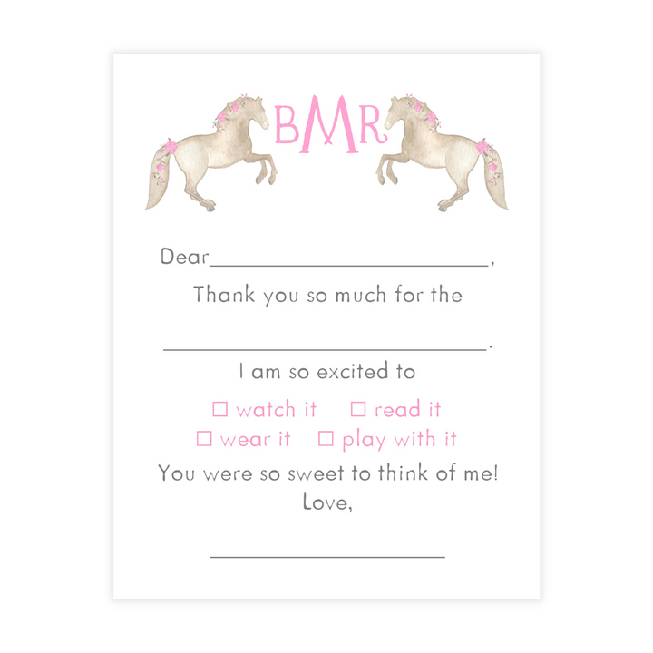 Horses + Monogram Fill-in Thank You Flat Note Cards