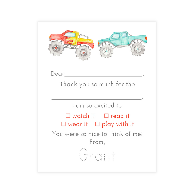 Monster Truck Fill-in Thank You Notes