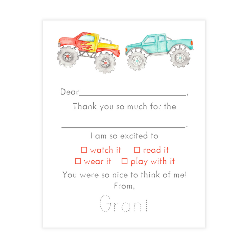 Monster Truck Fill-in Thank You Notes