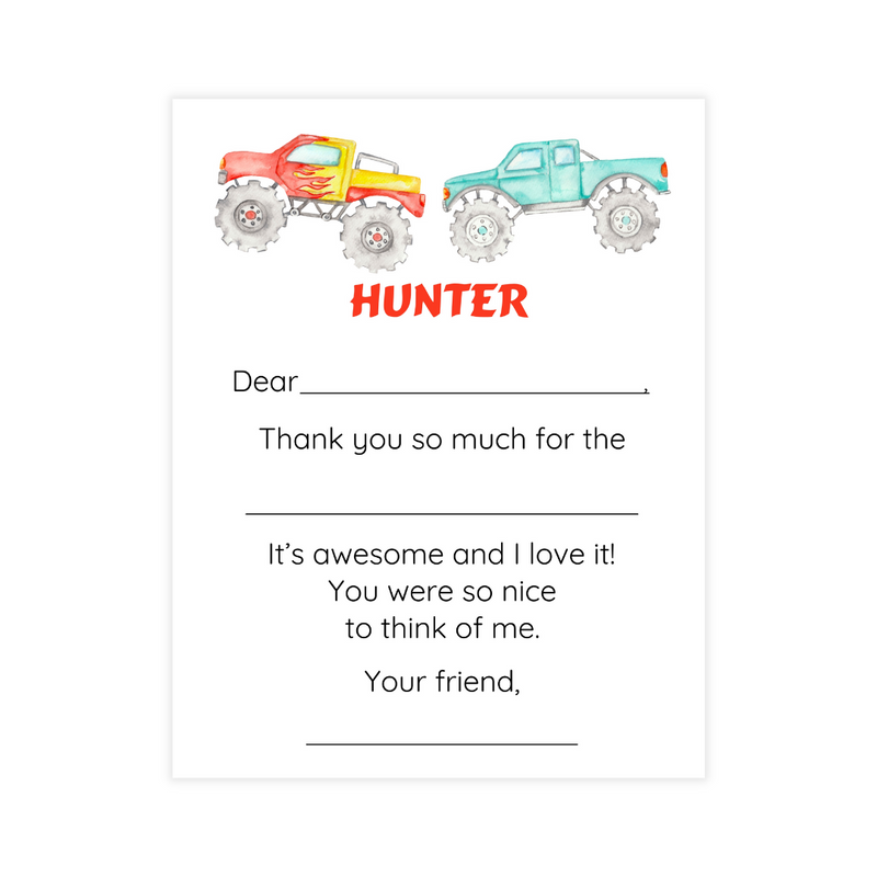 Monster Truck Fill-in Thank You Notes