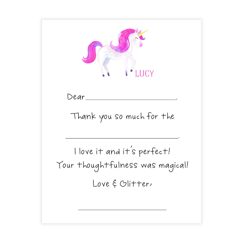 Pink Unicorn Fill-in Thank You Note Cards