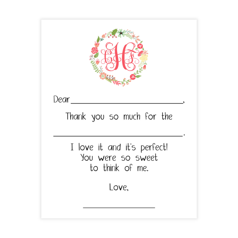 Pink Wreath + Monogram Fill-in Thank You Note Cards