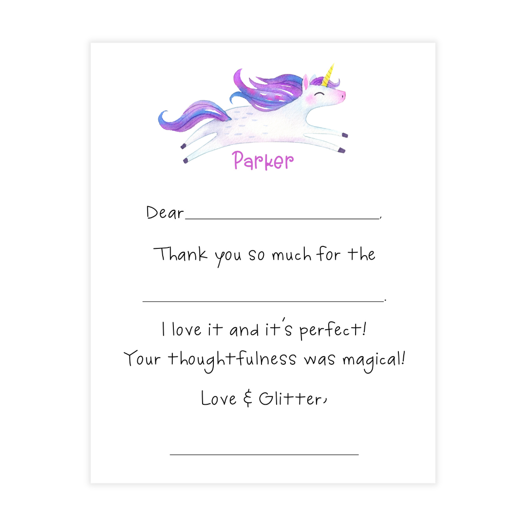 Purple Unicorn Fill-in Thank You Flat Note Cards