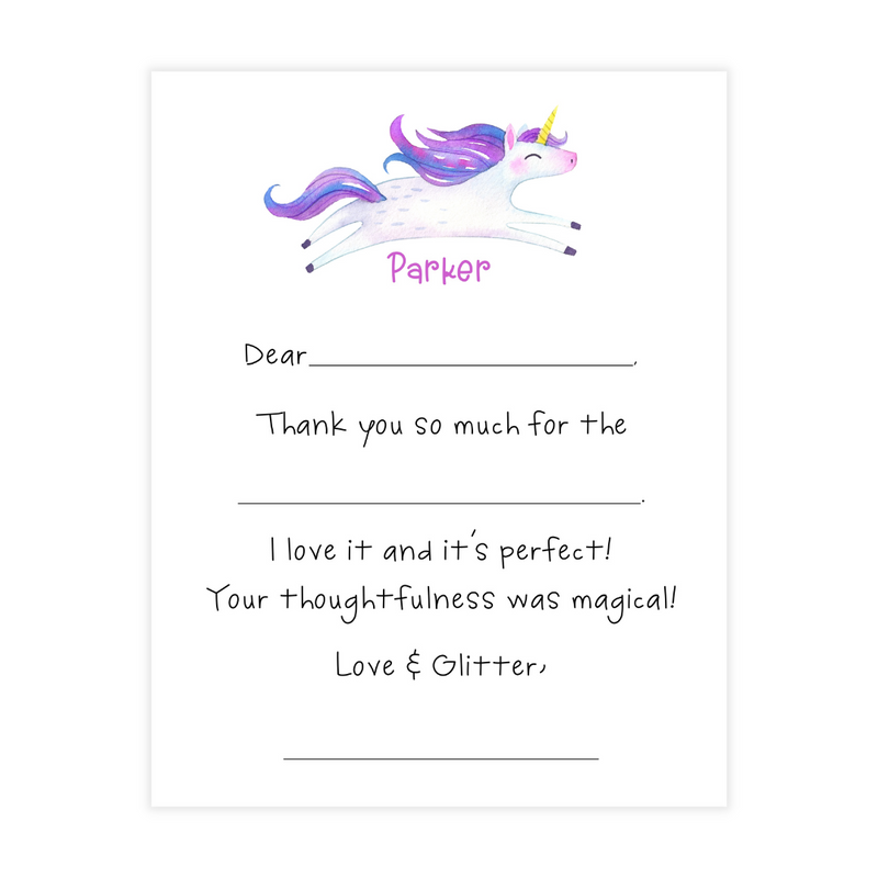Purple Unicorn Fill-in Thank You Flat Note Cards