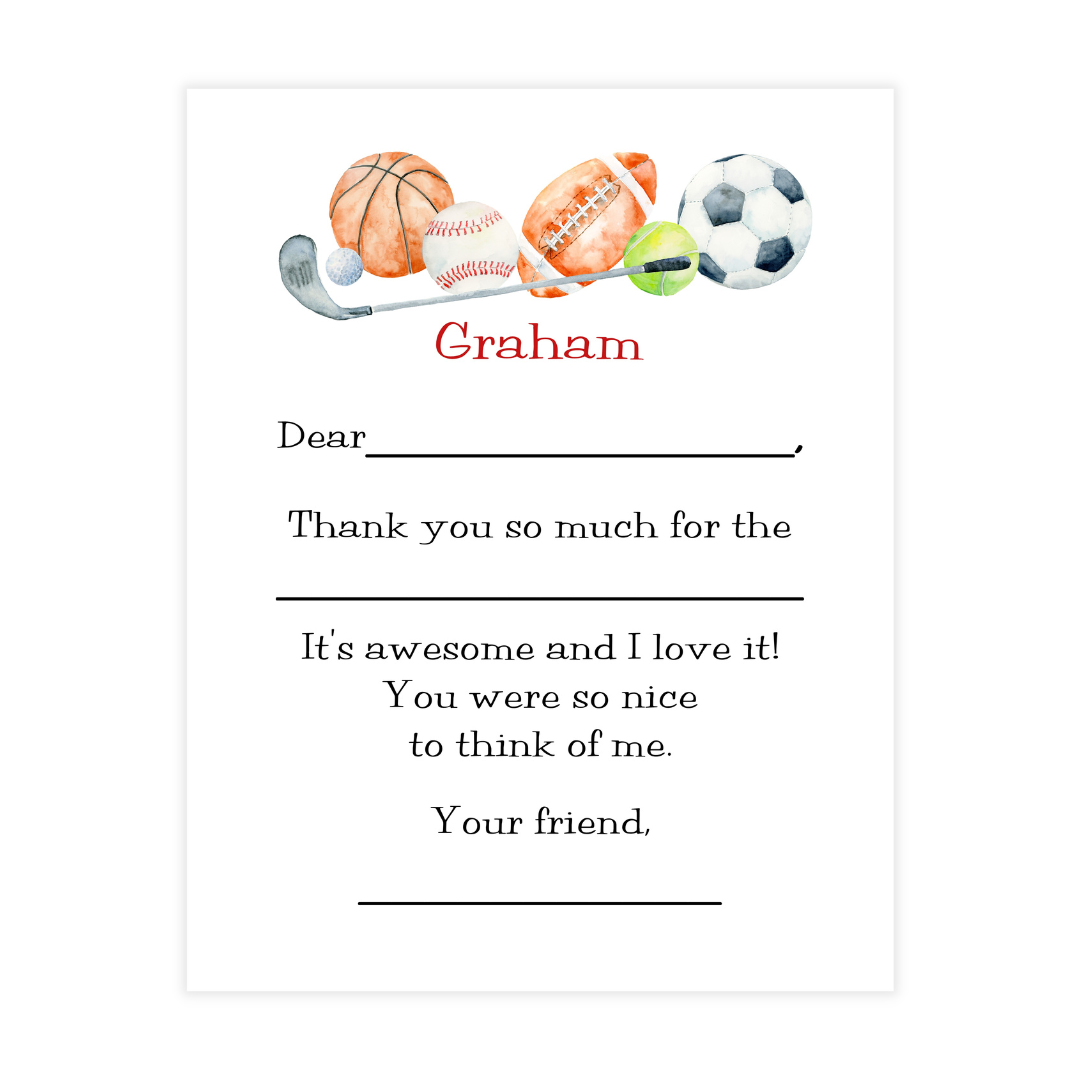 Sports Fill-in Thank You Note Cards