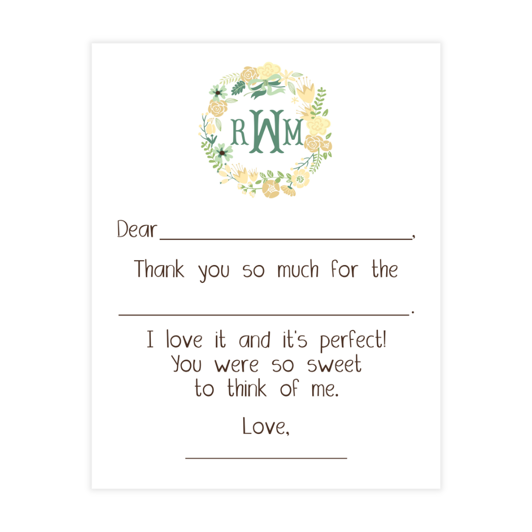 Yellow Wreath + Monogram Fill-in Thank You Flat Note Cards