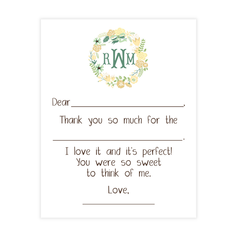 Yellow Wreath + Monogram Fill-in Thank You Flat Note Cards