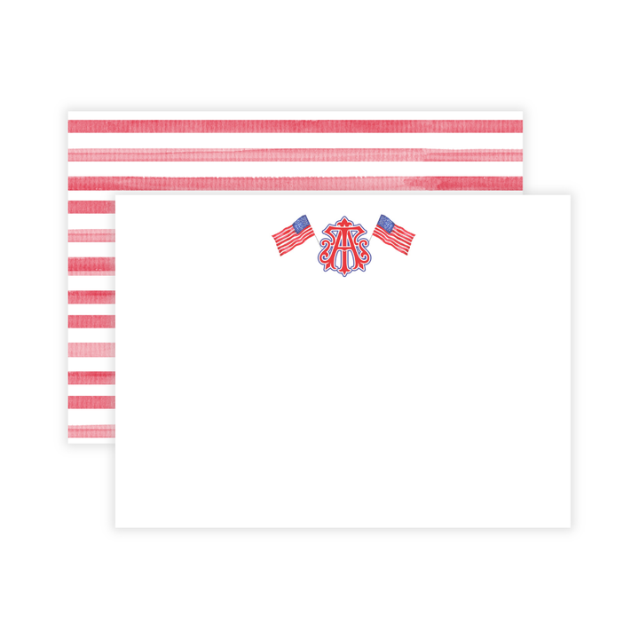 American Flags and 2-Initial Monogram Large Flat Note Cards