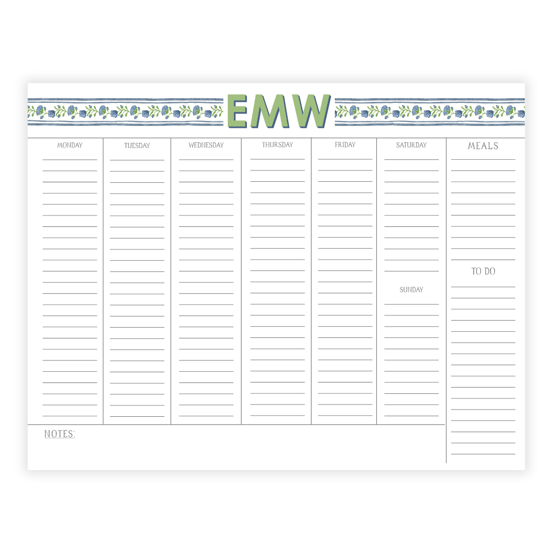 Monogrammed Blue Floral Large Weekly Agenda Note Pad