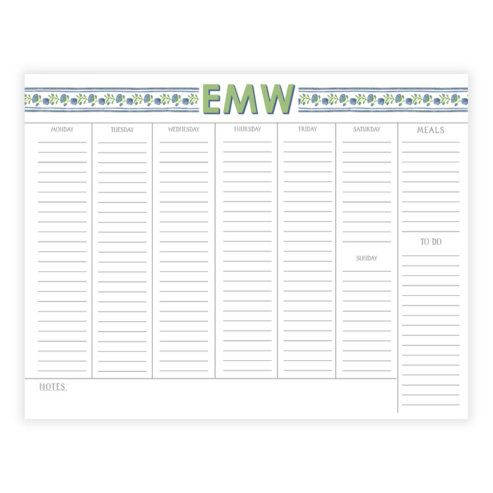 Monogrammed Blue Floral Large Weekly Agenda Note Pad