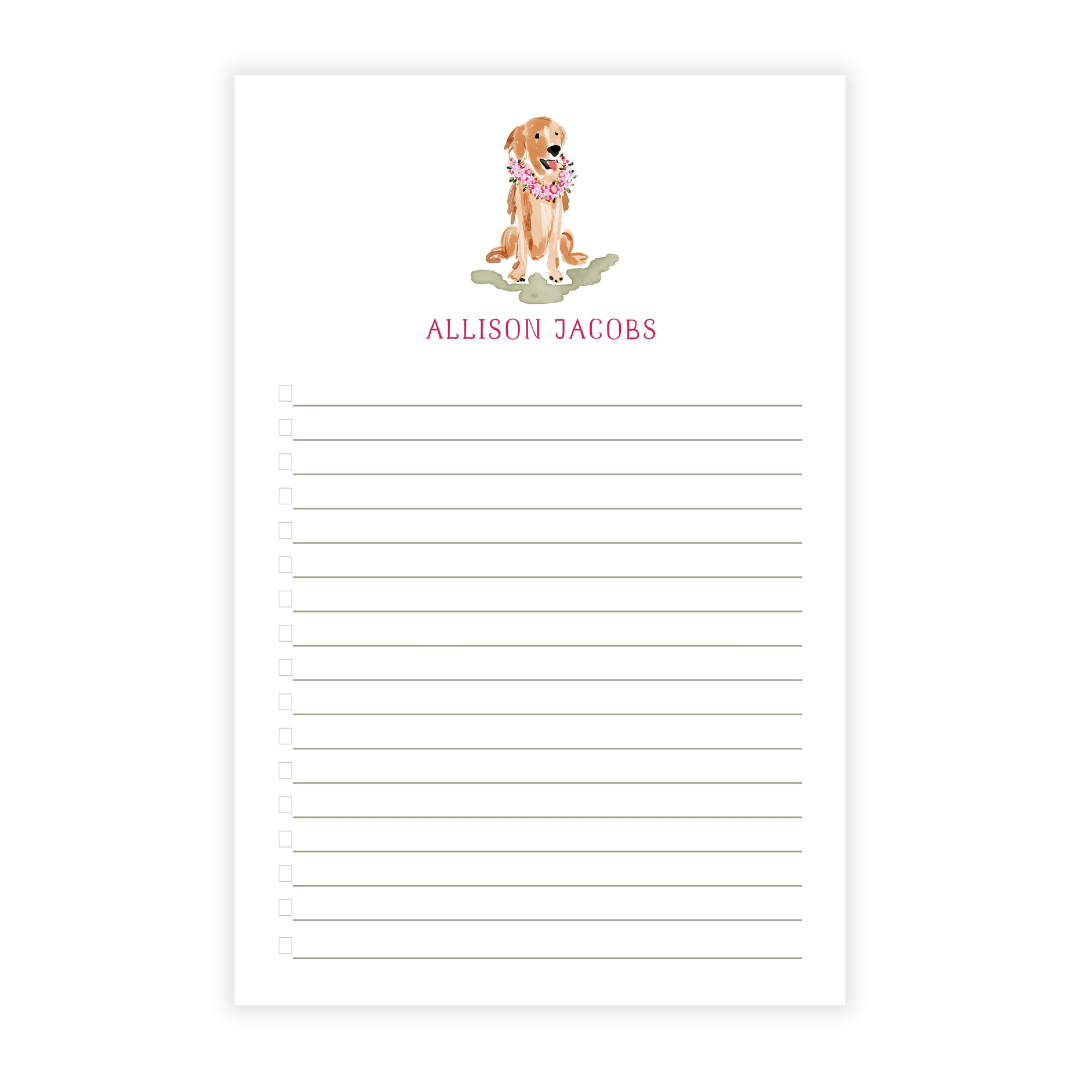 Girly Golden Retriever Personalized List Note Pad