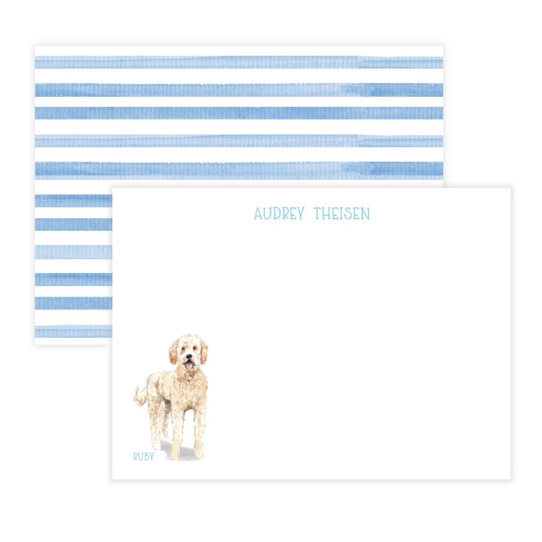 Goldendoodle + Stripes Personalized Large Flat Note Cards
