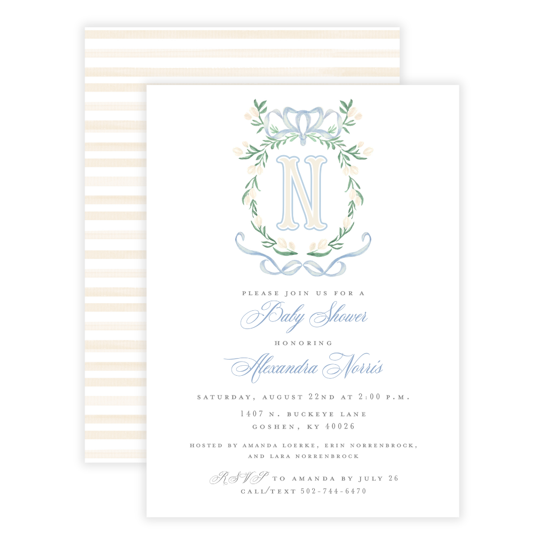 Light Blue Monogram Crest Grandmillennial Baby Shower Invitations