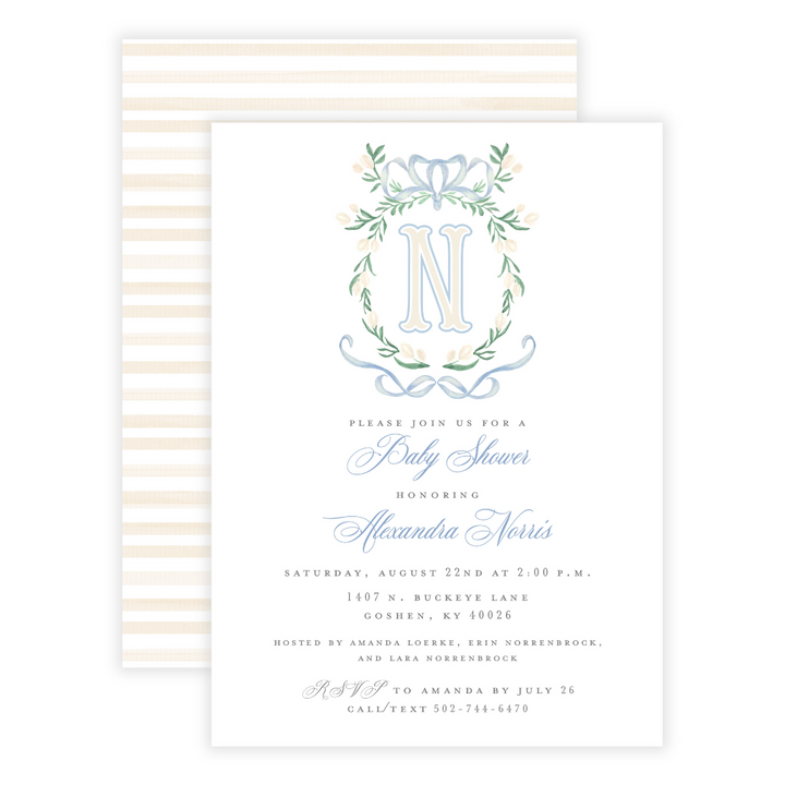 Light Blue Monogram Crest Grandmillennial Baby Shower Invitations