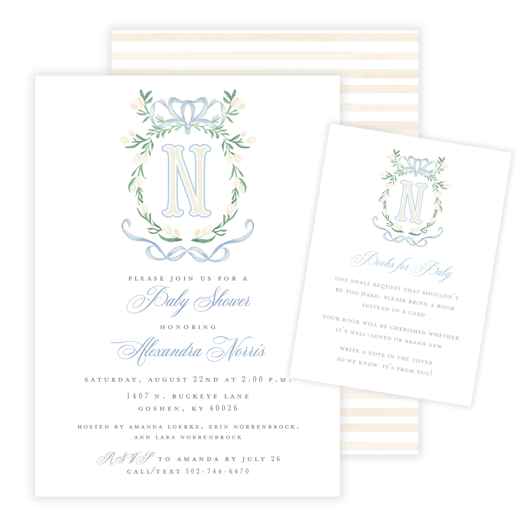 Light Blue Monogram Crest Grandmillennial Baby Shower Invitations