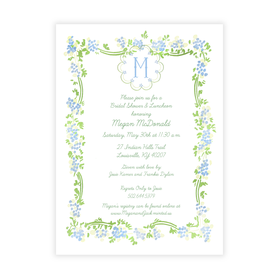 Blue and Green Floral Frame + Monogram Invitations